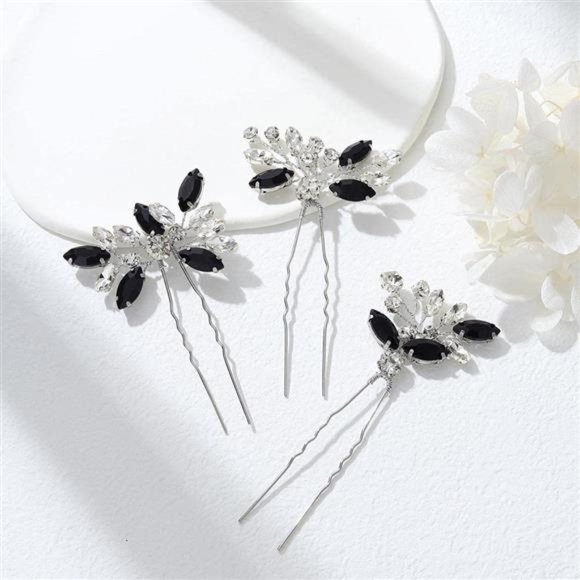 Crystal Bride Wedding Hair Pins Silver Hair Piece Bridal Flower Black main image 3